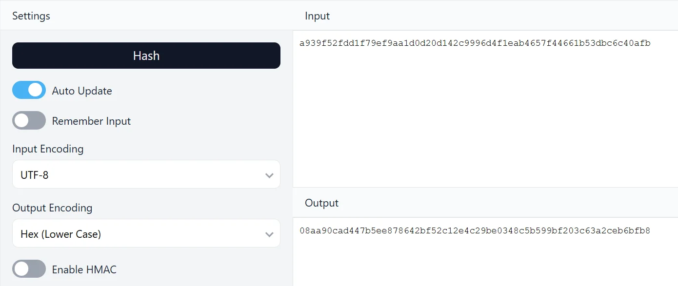 Hashing the Actual Server Seed using a third-party SHA-256 calculator in order to verify that it matches the Hashed Server Seed given to us by Rainbet at the start.